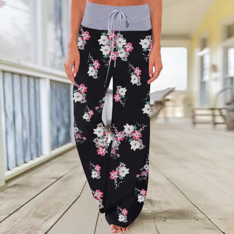 Fashion Black Cotton And Linen Printed High-waisted Wide-leg Trousers