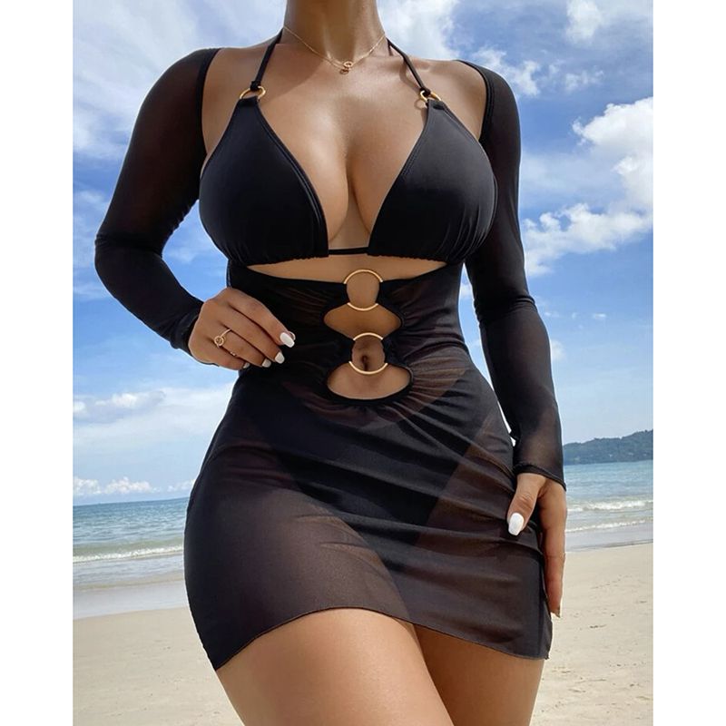 Fashion Black Polyester Halter Neck Split Swimsuit Bikini Beach Skirt Set