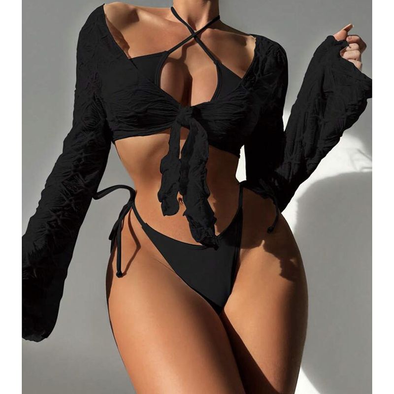 Fashion Black Polyester Criss-cross Halterneck Split Swimsuit Bikini Cover-up Three-piece Set