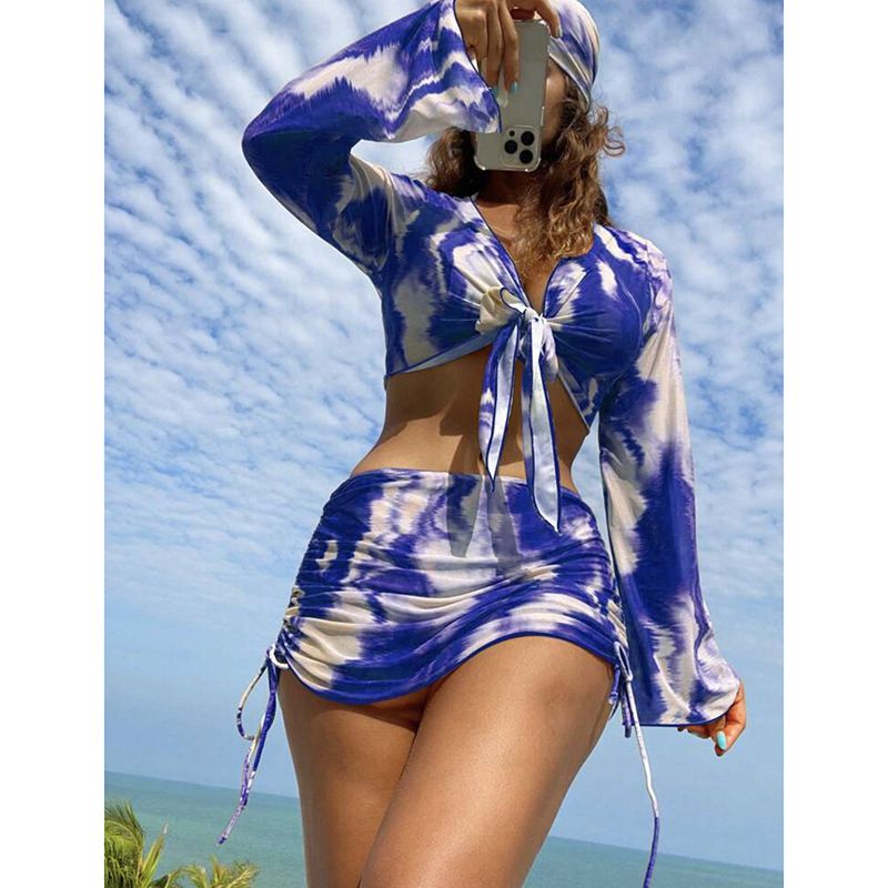 Fashion Blue Polyester Tie-dyed One-piece Swimsuit Bikini Cover-up Skirt Cover-up Hooded Five-piece Set