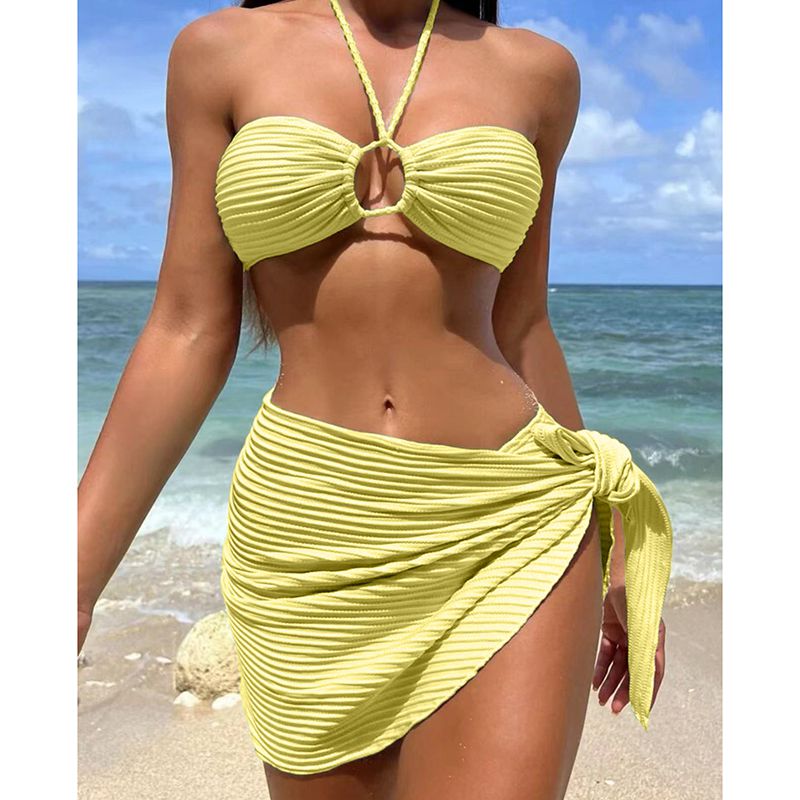 Fashion Yellow Polyester Pleated Halterneck Tankini Swimsuit Bikini Cover-up Three-piece Set