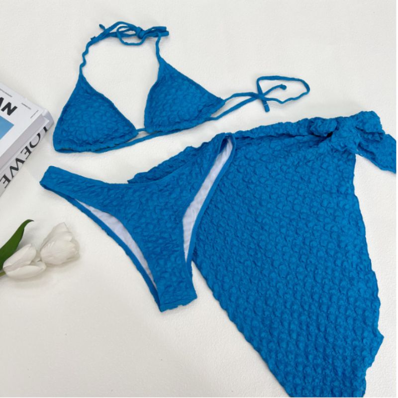 Fashion Blue Polyester Pleated Halterneck Lace-up Two-piece Swimsuit Bikini Cover-up Skirt Three-piece Set