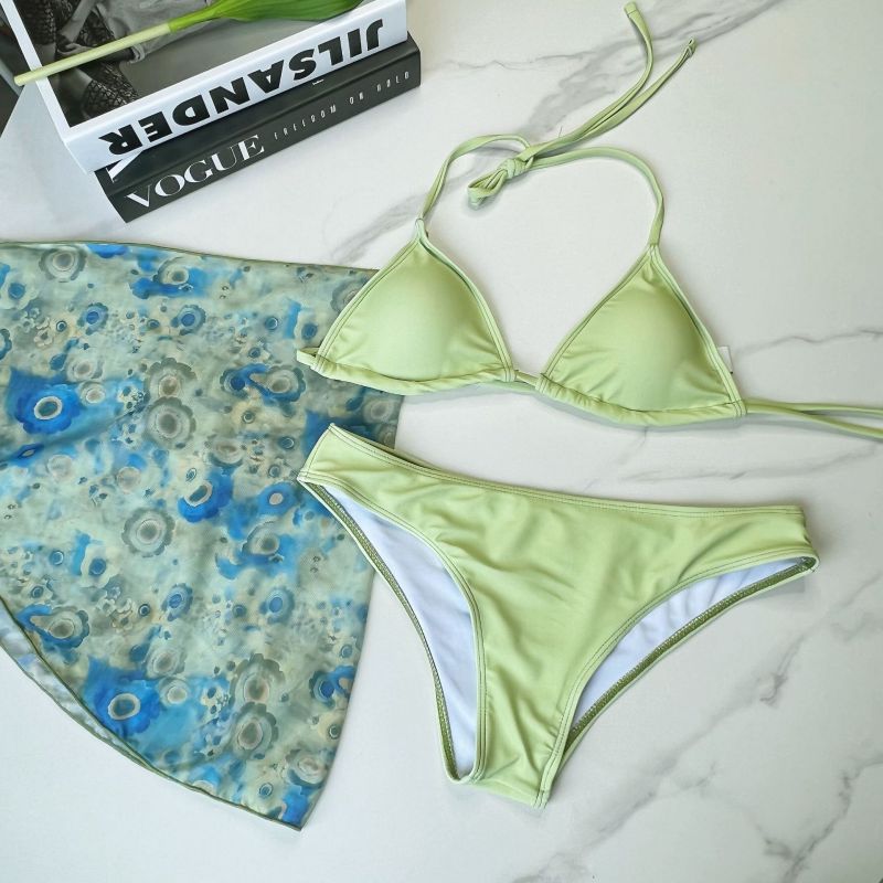 Fashion Green Polyester Halterneck Split Swimsuit Cover Skirt Three-piece Set