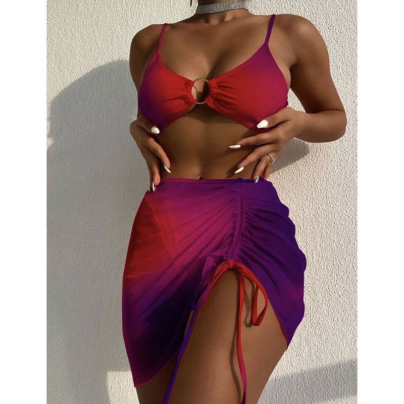 Fashion Purple Polyester Printed Three-piece Swimsuit Cover-up Skirt Set