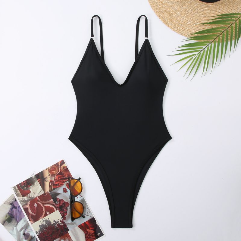 Fashion Black Nylon V-neck One-piece Swimsuit