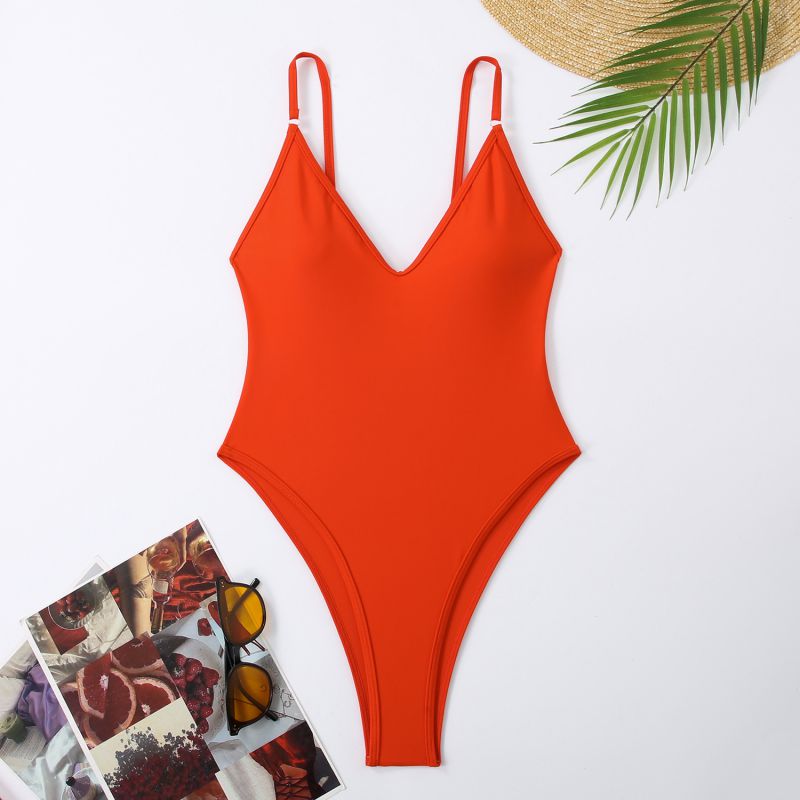 Fashion Orange Red Nylon V-neck One-piece Swimsuit