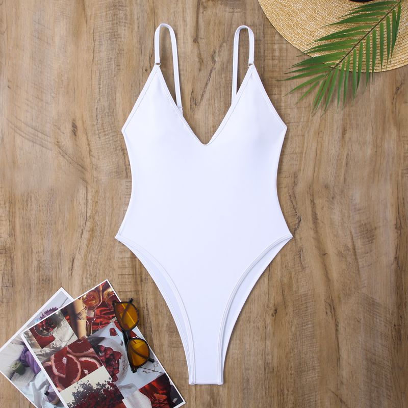 Fashion White Nylon V-neck One-piece Swimsuit