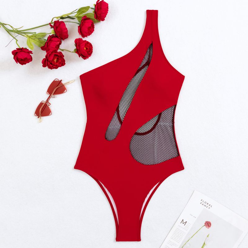 Fashion Big Red Mesh Paneled One-shoulder One-piece Swimsuit