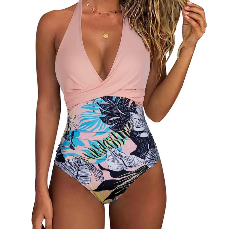 Fashion Pink Flower Polyester V-neck Halterneck Pleated One-piece Swimsuit
