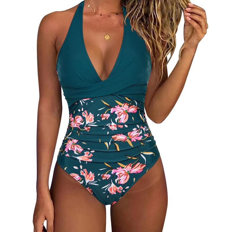 Fashion Green Pink Flower Polyester V-neck Halterneck Pleated One-piece Swimsuit