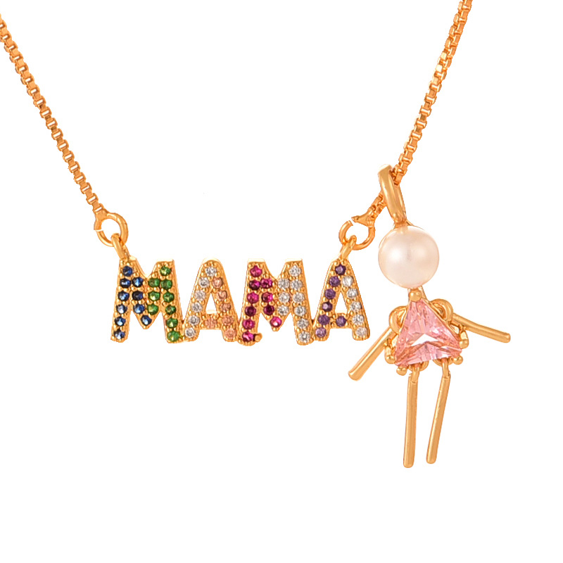 Fashion Pink Copper Inlaid Zirconium Letters Mama Pearl Figurine Necklace