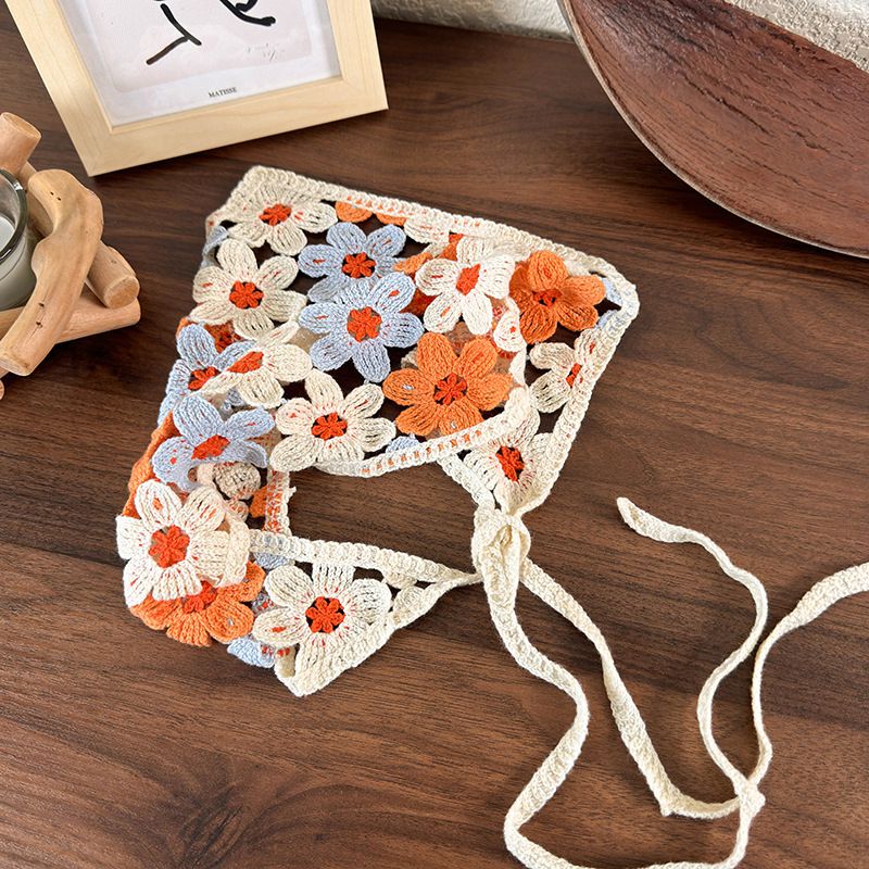 Fashion B Orange Flowers Hollow Flower Knitted Triangle Headscarf
