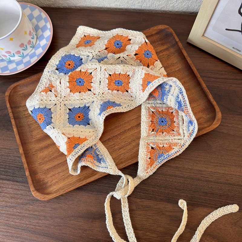 Fashion B Blue-orange Flowers Fabric Crochet Triangle Headscarf
