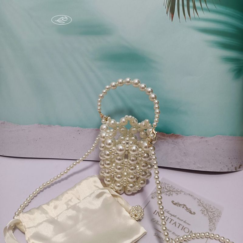 Fashion Pearl Color (comes With Lining) Acrylic Pearl Beaded Cylinder Crossbody Bag