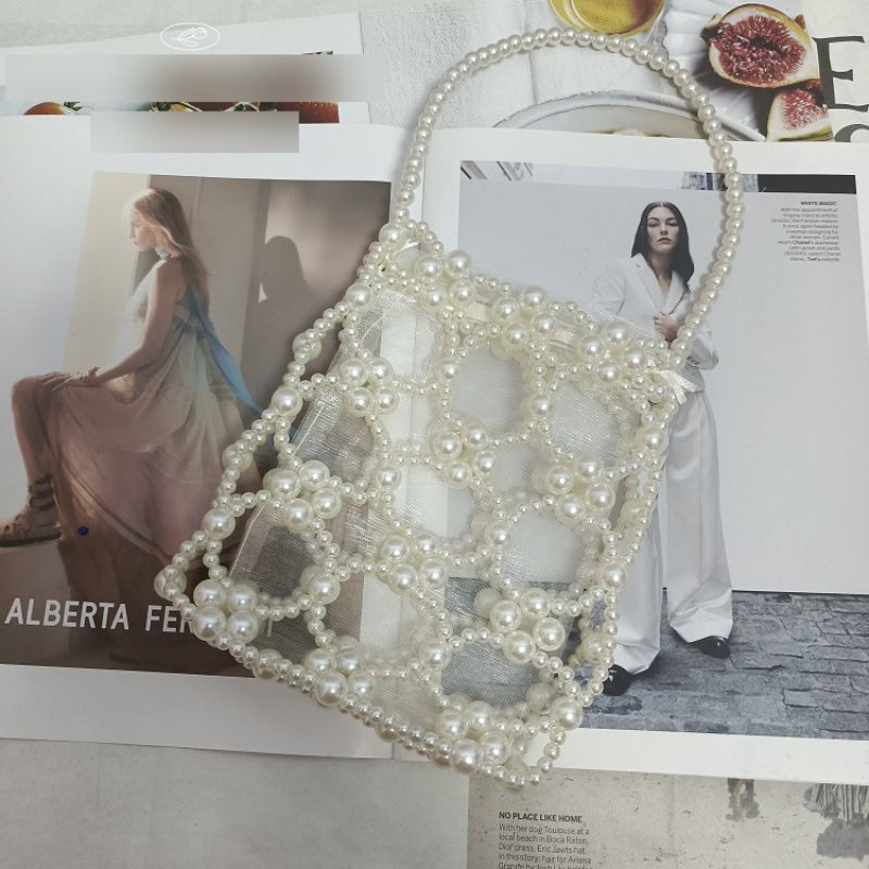 Fashion Pearl Color Acrylic Beaded Woven Tote Bag
