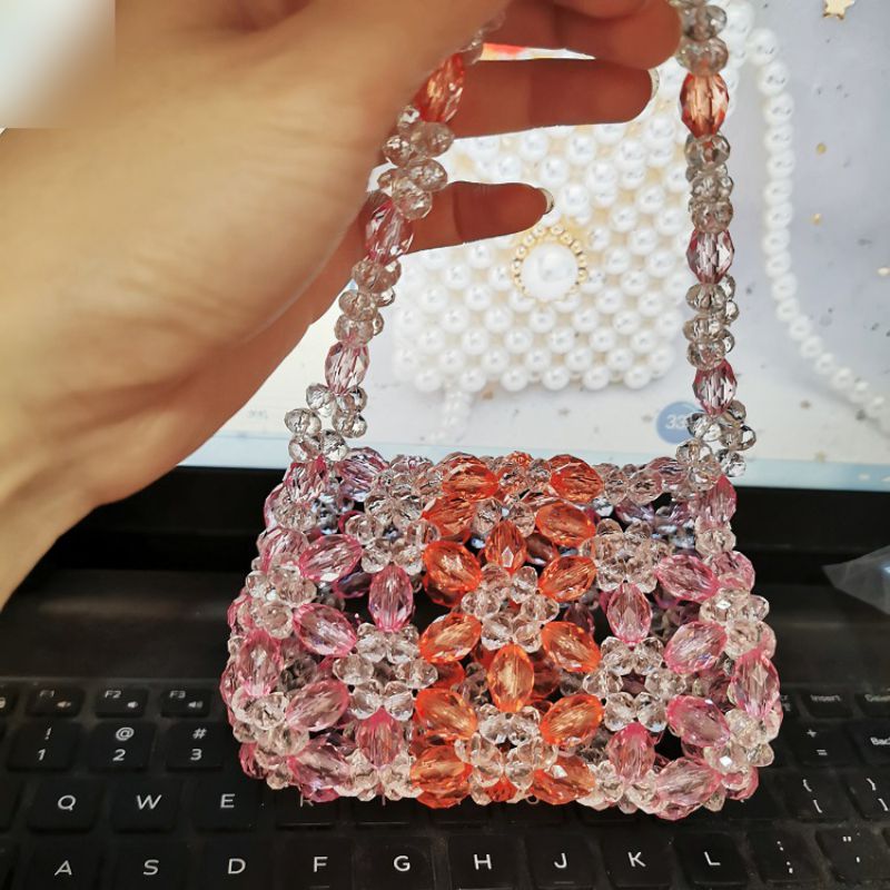 Fashion Pink Orange Powder Acrylic Crystal Bead Woven Handbag