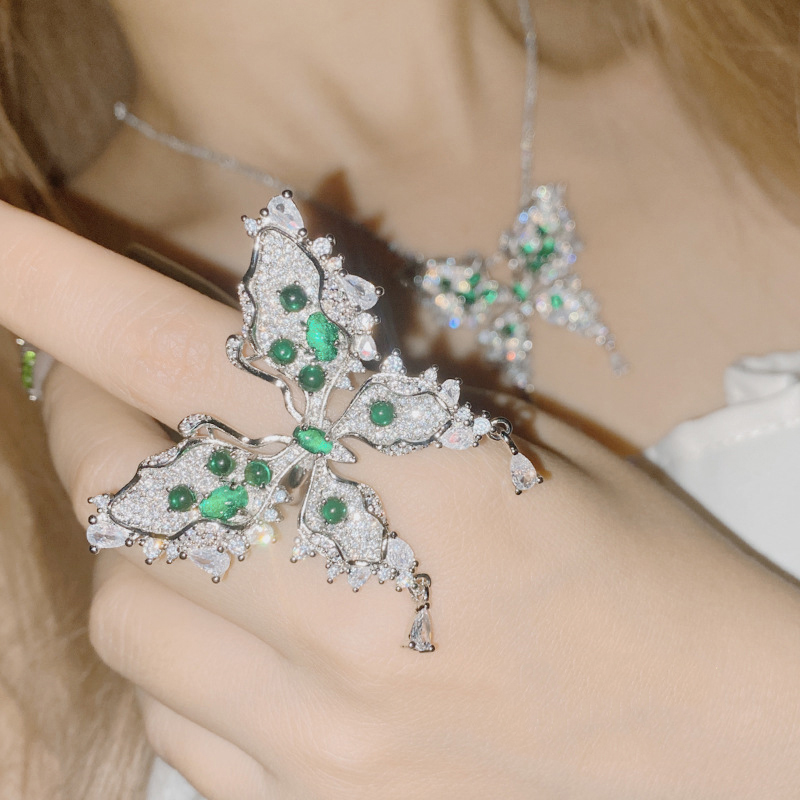 Fashion Ring 0637?ice Chrysoprase?opening Copper Diamond Butterfly Ring