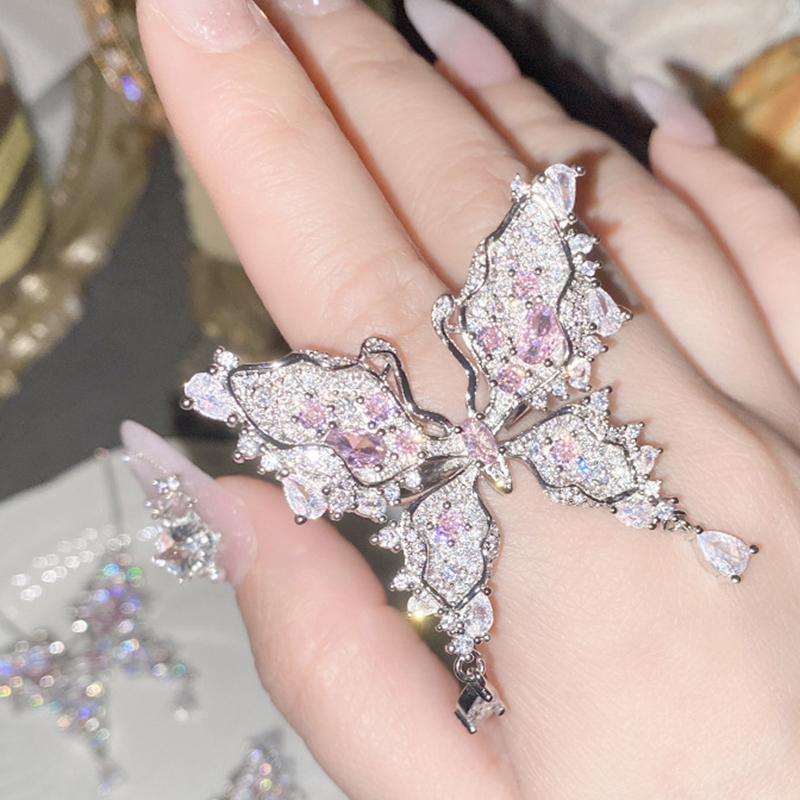 Fashion Ring 0601?pink?opening Copper Diamond Butterfly Ring