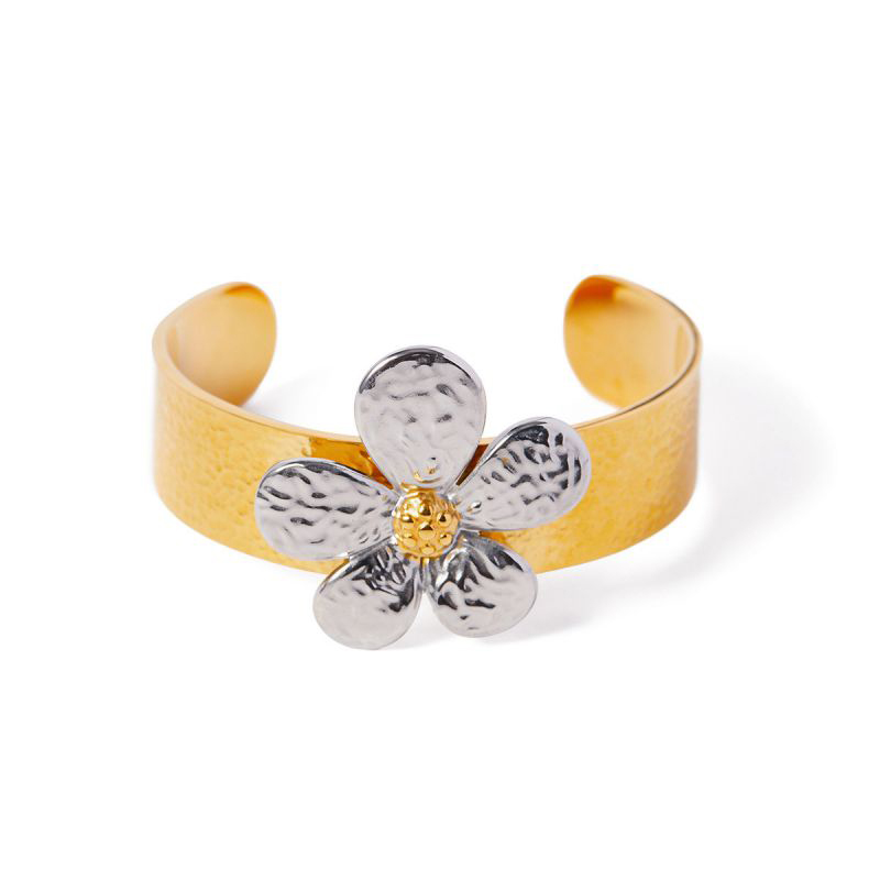 Fashion Gold Silver Titanium Steel Color Block Flower Open Bracelet
