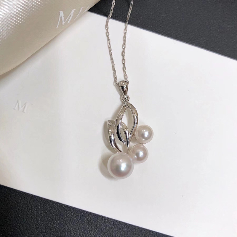 Fashion Silver Copper Inlaid Pearl Double Leaf Necklace