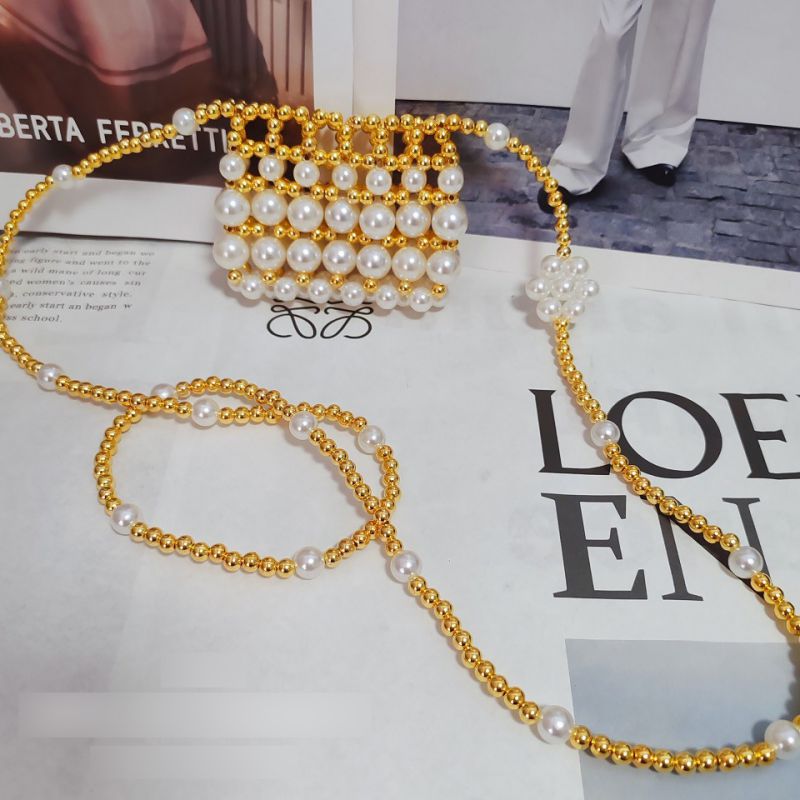 Fashion Gold Acrylic Pearl Beaded Woven Crossbody Bag
