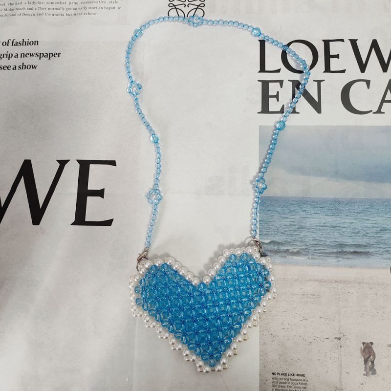 Fashion Sky Blue (65cm Chain) Pearl Crystal Beaded Woven Love Crossbody Bag