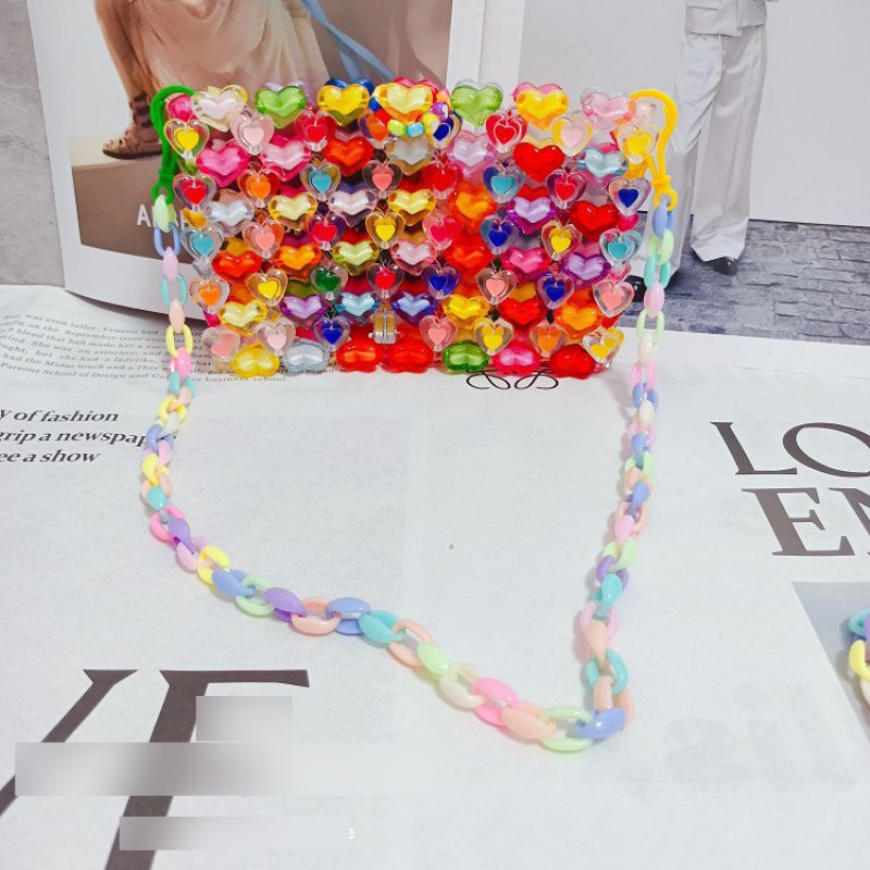 Fashion Color Circle Chain Portable Model Acrylic Heart Beaded Tote Bag