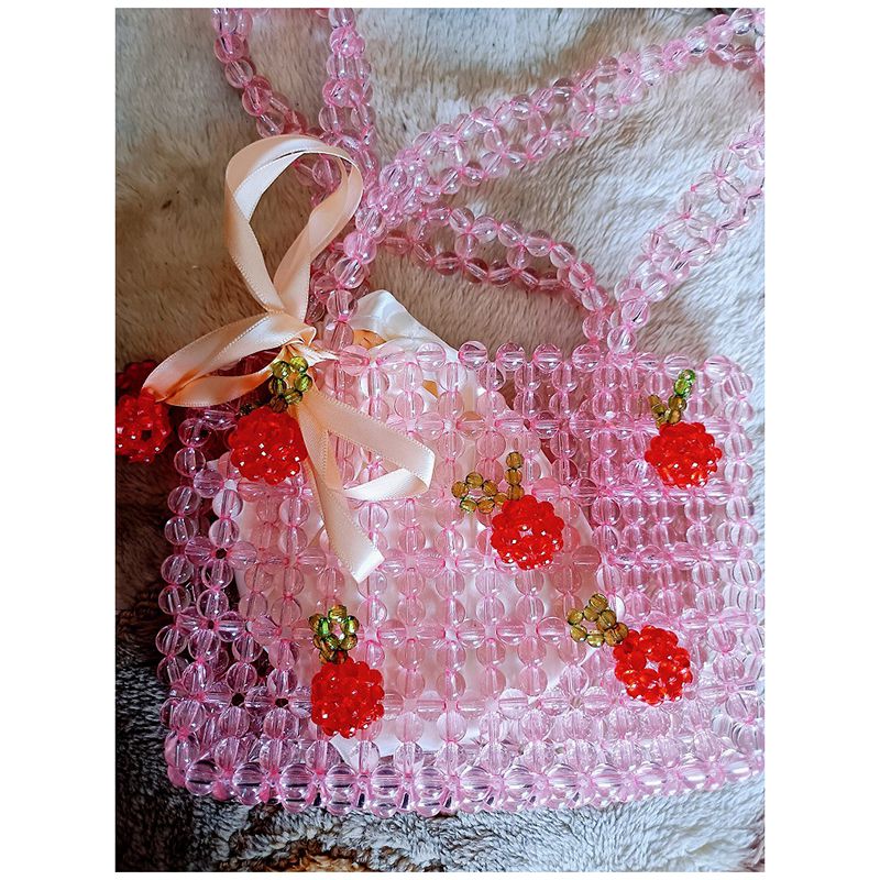 Fashion Pink Cherry Portable Acrylic Geometric Beaded Woven Crossbody Bag