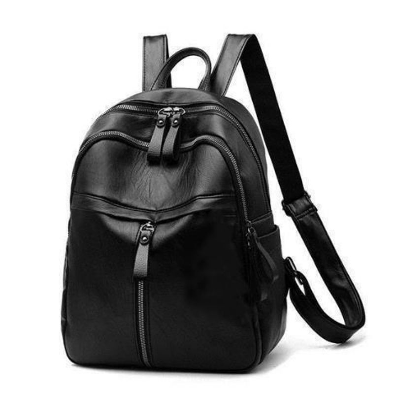 Fashion Black Soft Leather Large Capacity Backpack