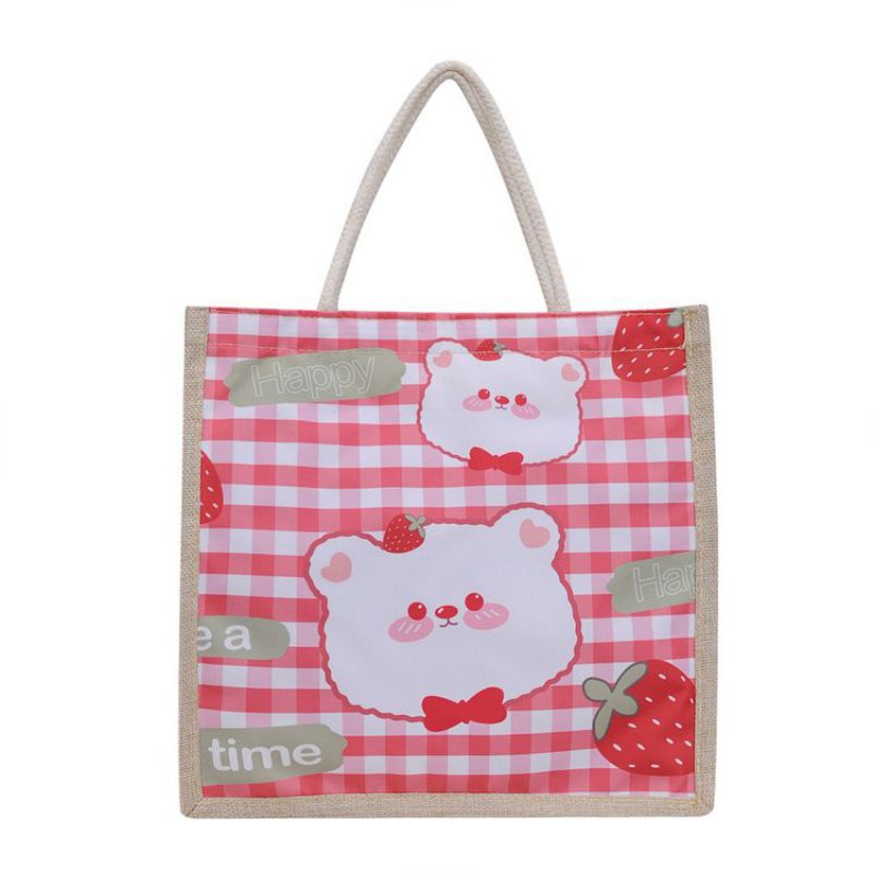 Fashion Strawberry Bear Canvas Print Large Capacity Tote Bag