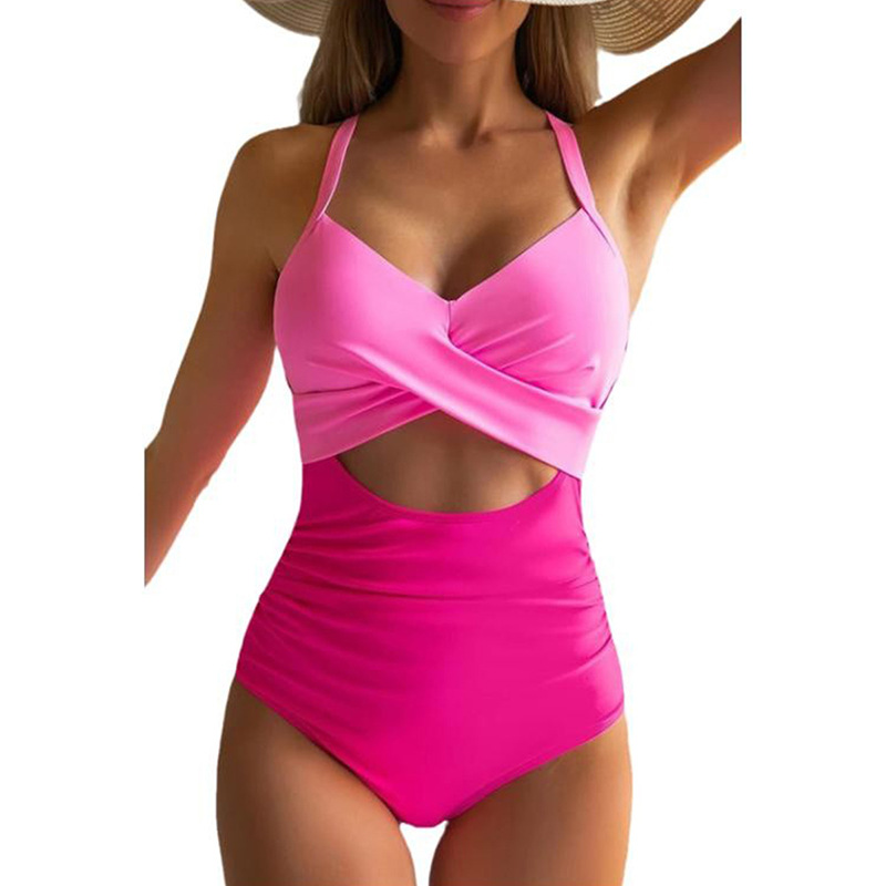 Fashion Rose Red Polyester Cross Cutout Halterneck One-piece Swimsuit