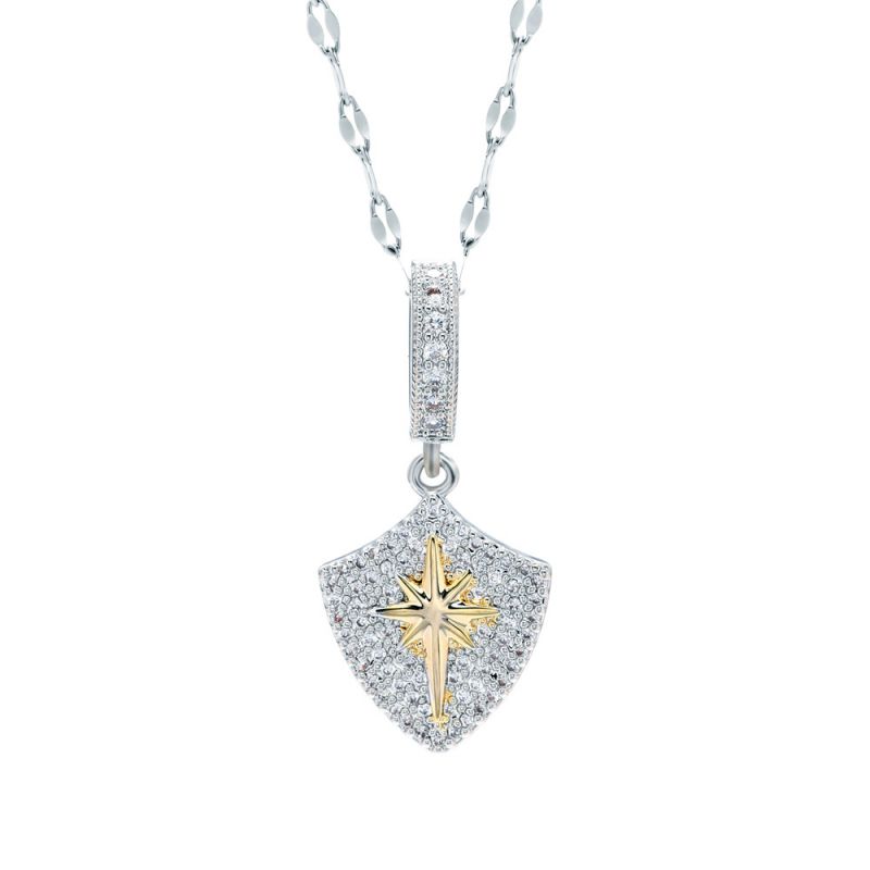 Fashion Silver Copper Diamond Starburst Shield Men's Necklace
