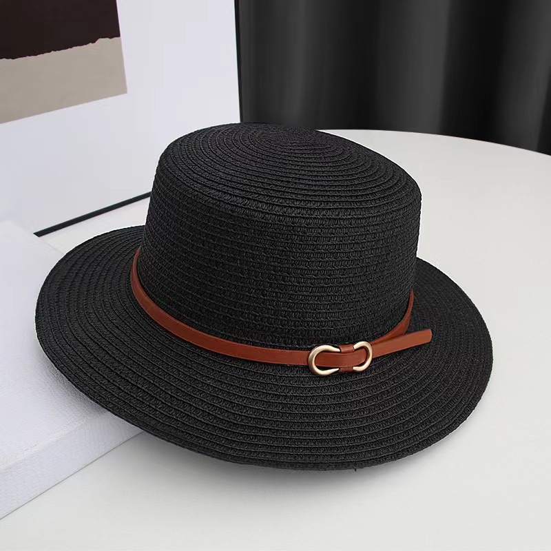 Fashion Black Flat Brim Woven Sun Hat