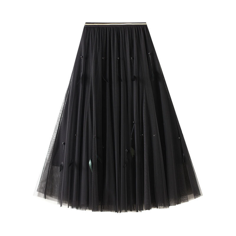 Fashion Black Mesh High Waist Feather Skirt