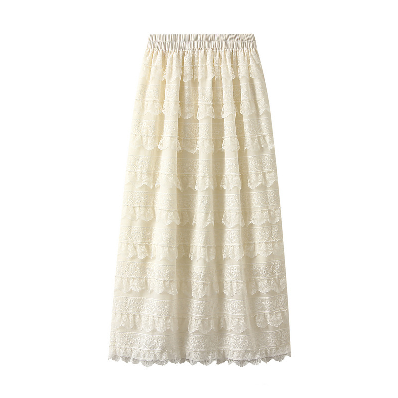 Fashion Apricot High-waisted Tiered Lace Skirt