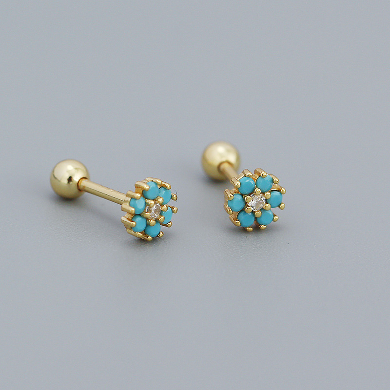 Fashion Gold Color (blue Turquoise) Silver Set Round Diamond Piercing Nails