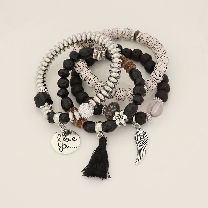 Fashion 6# Black Alloy Beaded Tassel Wings Bracelet