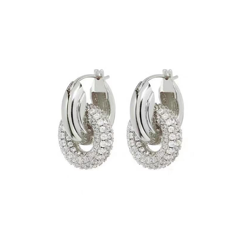 Fashion Silver One Pair Titanium Steel Diamond Double Hoop Earrings