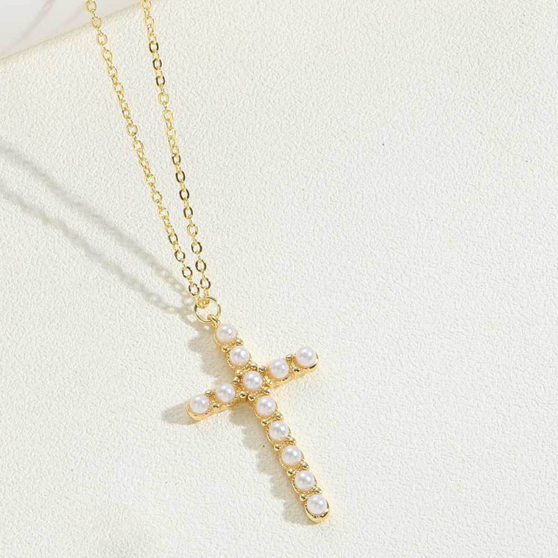 Fashion Cross Pearl Necklace Gold Plated Copper Cross Necklace With Pearls