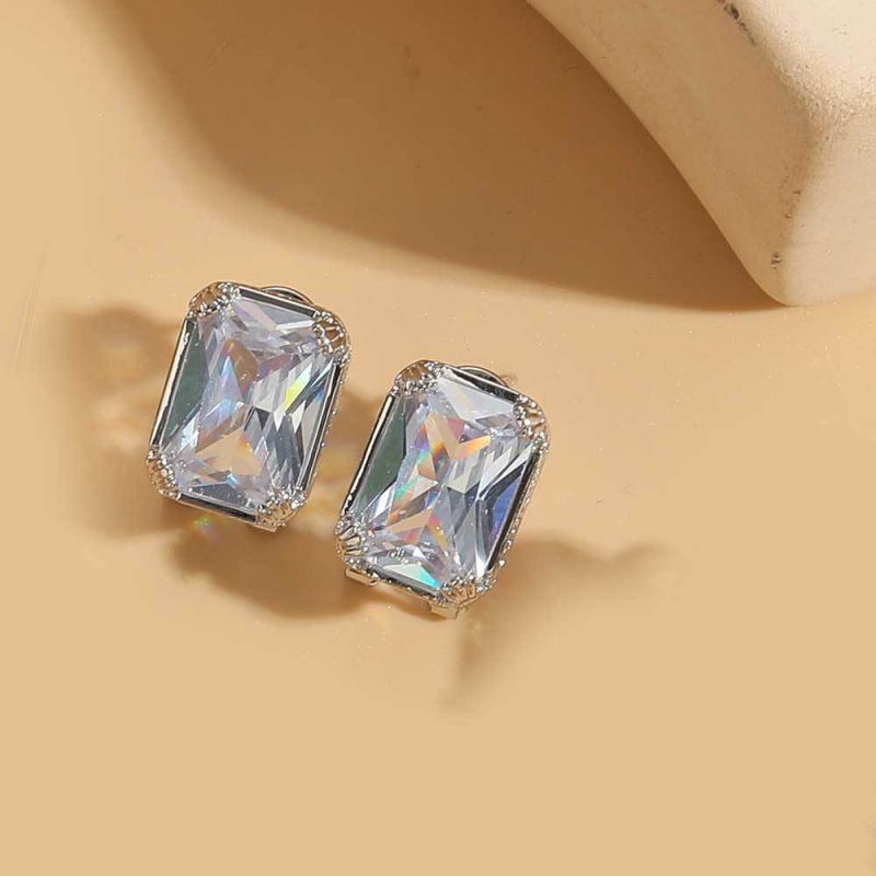 Fashion White(silver) Gold Plated Copper Square Stud Earrings With Diamonds