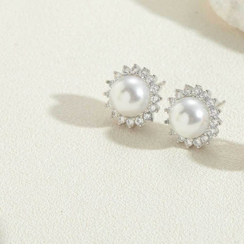 Fashion Real White Gold Single Pearl Copper Set With Diamond Round Pearl Earrings