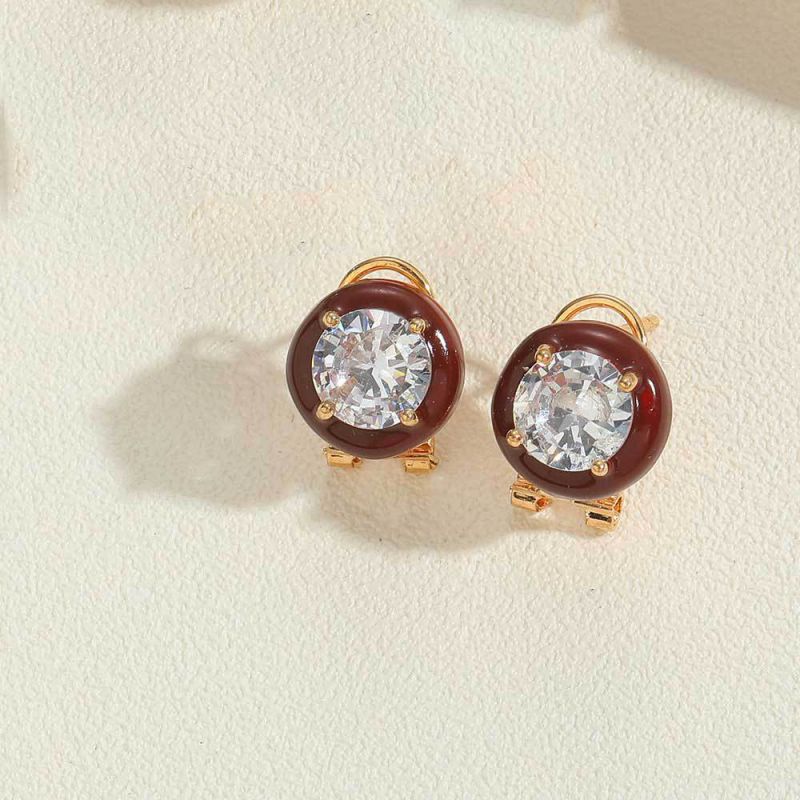 Fashion Brown Copper Inlaid Diamond Round Earrings