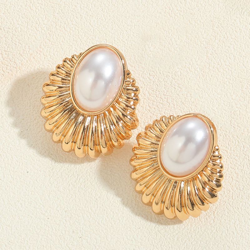 Fashion White Pearl Copper Geometric Turquoise Oval Stud Earrings