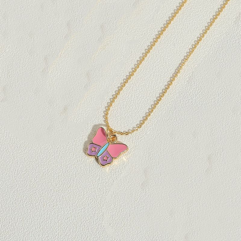 Fashion Pink Butterfly Gold Plated Copper Oil Dripping Butterfly Necklace