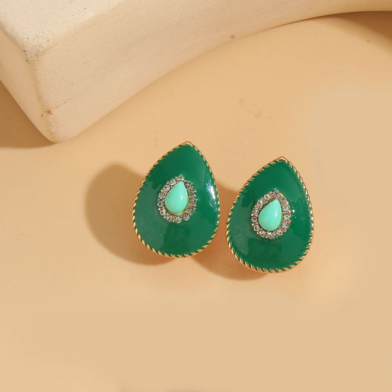 Fashion Green Gold-plated Copper Drop-shaped Earrings With Diamonds