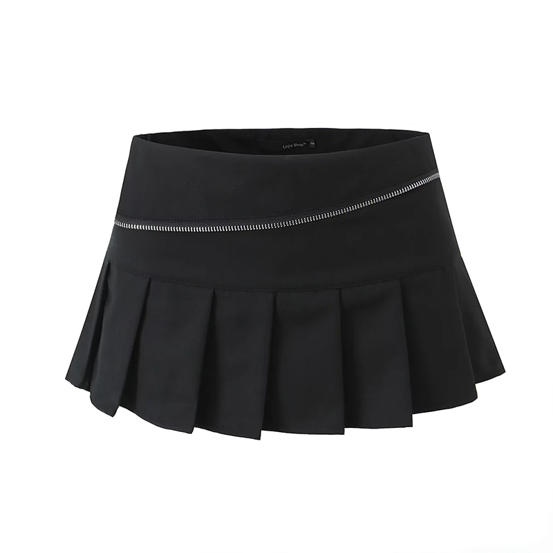 Fashion Black Polyester Zippered Pleated Skirt