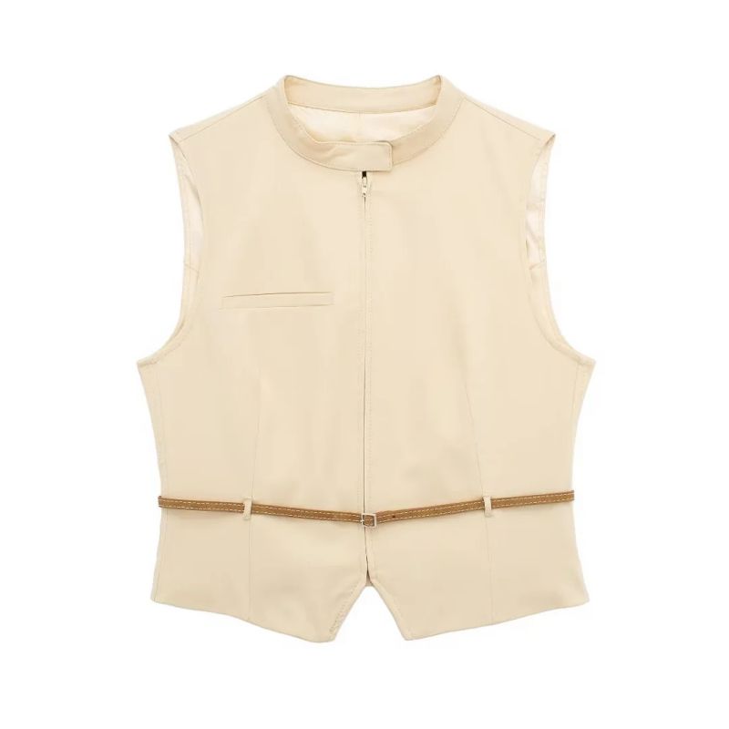 Fashion Beige Blend Belted Sleeveless Top