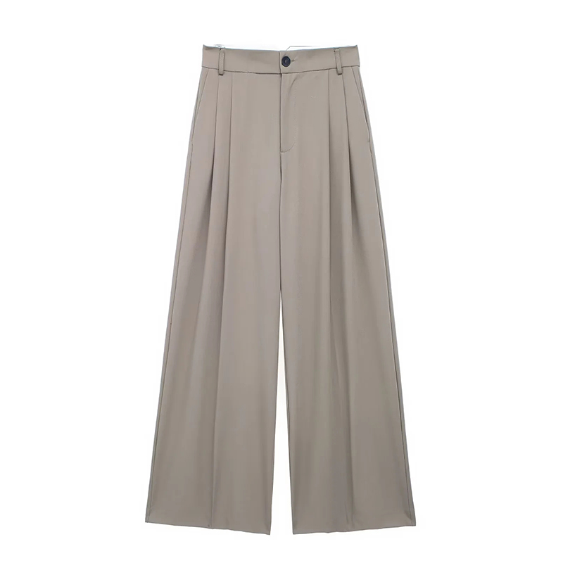 Fashion Coffee Color Blend Pleated Straight-leg Trousers
