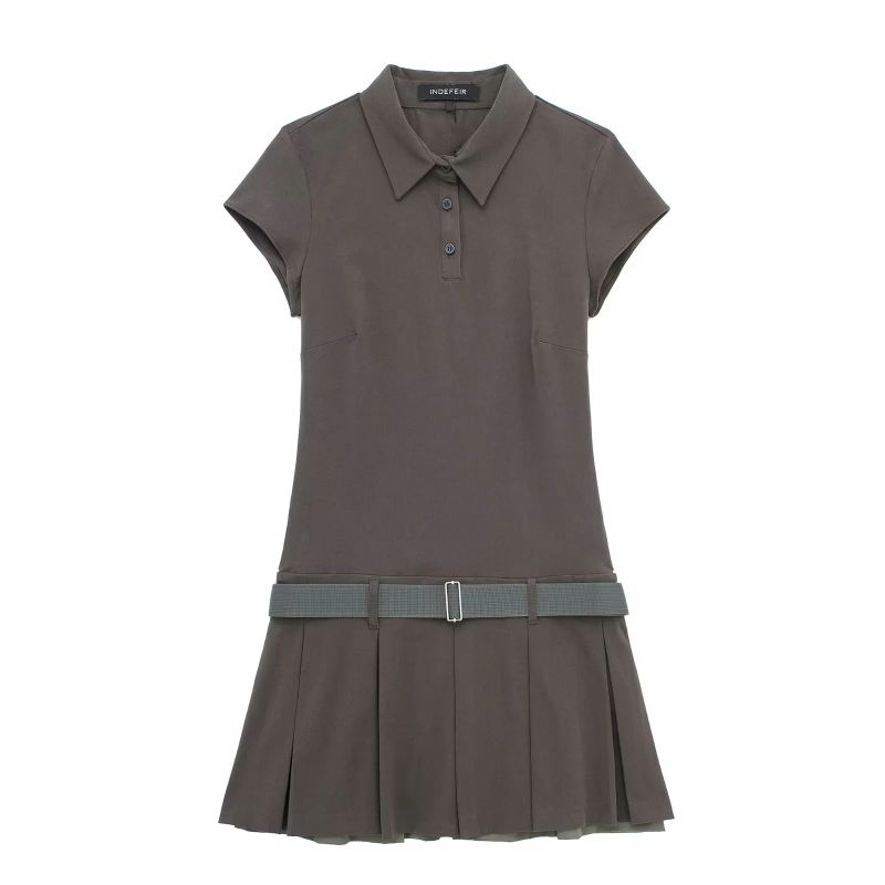 Fashion Brown Blended Lapel Pleated Skirt