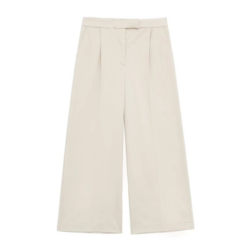 Fashion Off White Blended High-waisted Wide-leg Trousers